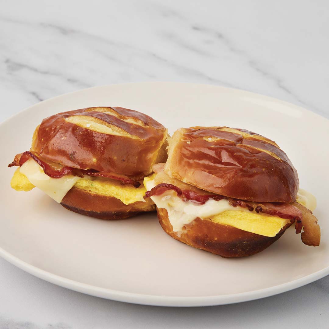Egg, PepperJack & Bacon Pretzel Sliders Egg, PepperJack & Bacon Pretzel Sliders